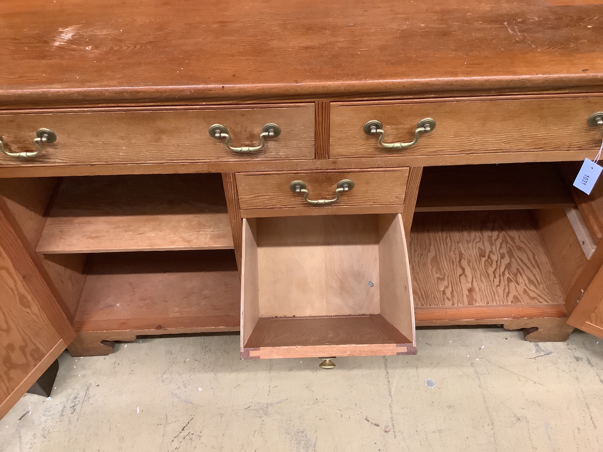 A Victorian style pitch pine dresser, length 139cm, depth 51cm, height 198cm